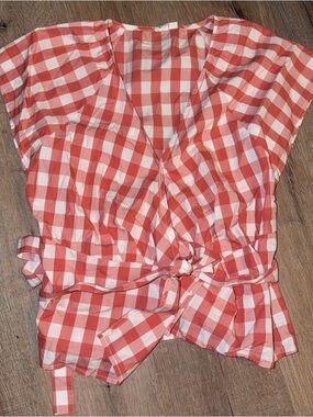 GAP Coral and White Gingham Wrap Blouse